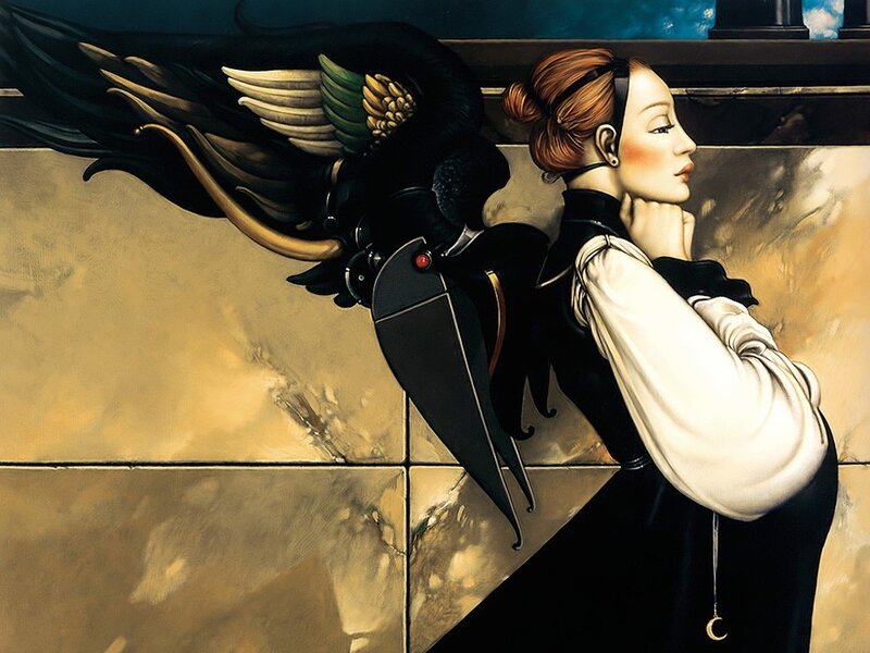 Woman with Mechanical Wings — Black, Dramatic, Digital Art, Mechanical Parts