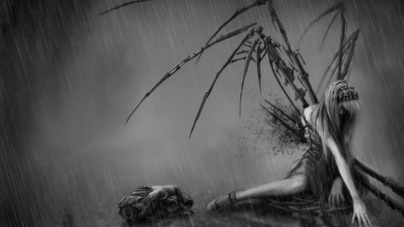 Woman with Mechanical Wings — Black, Dramatic, Digital Art, Rain