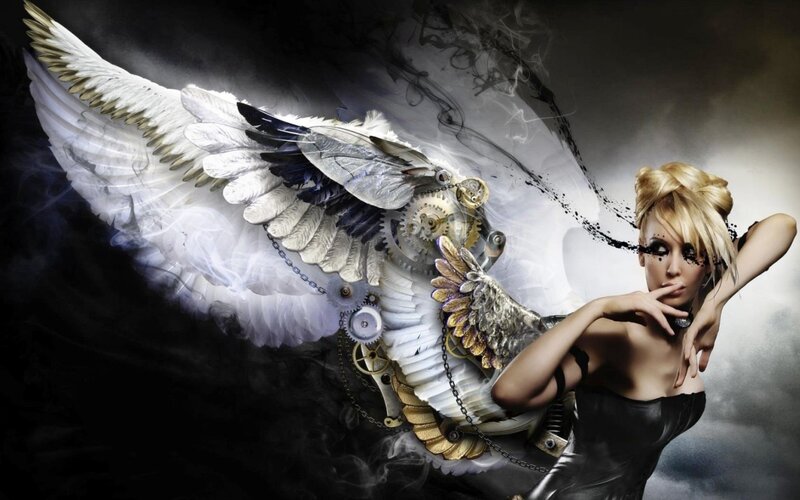 Woman with Mechanical Wings — Black, Dramatic, Digital Art