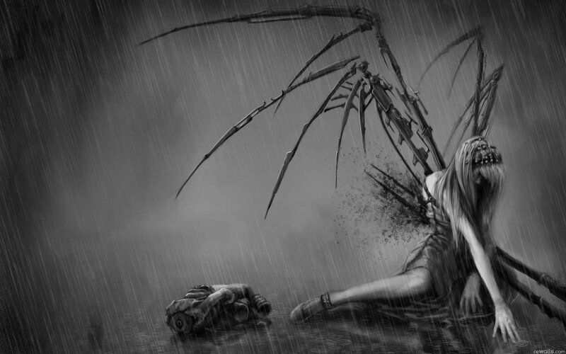 Woman with Mechanical Wings — Black, Dramatic, Night, Digital Art, Rain