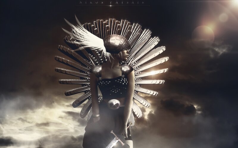 Woman with Mechanical Wings — Black, Dramatic, Night, Digital Art, Sword