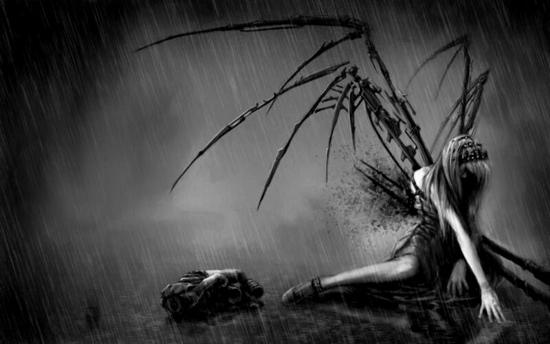 Woman with Mechanical Wings — Black, Dramatic, Night, Digital Art