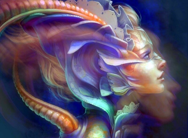 Woman with Mechanical Wings — Blue, Dramatic, Digital Art