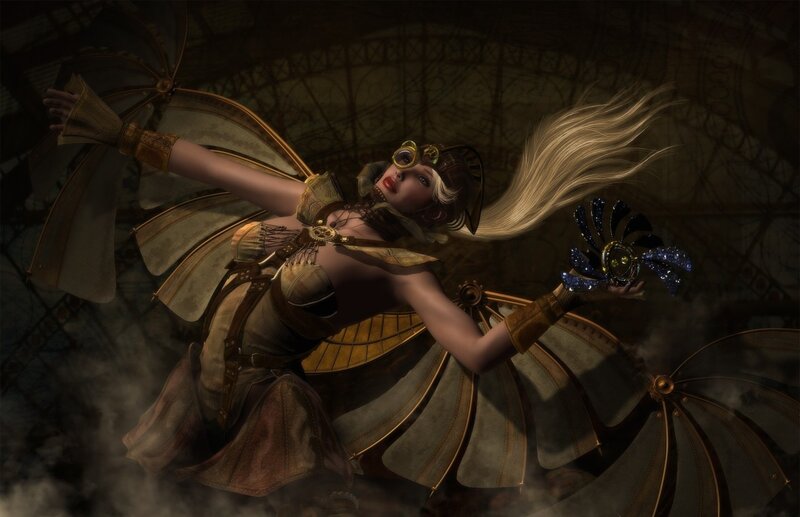 Woman with Mechanical Wings — Brown, Dramatic, Digital Art, Goggles