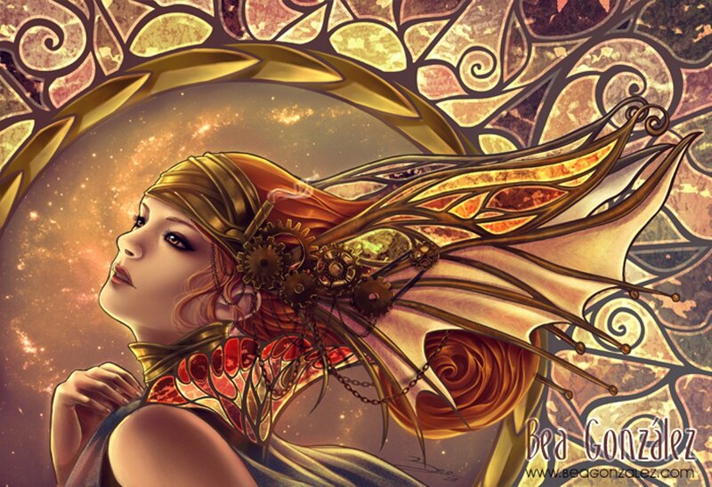 Woman with Mechanical Wings — Gold, Dramatic