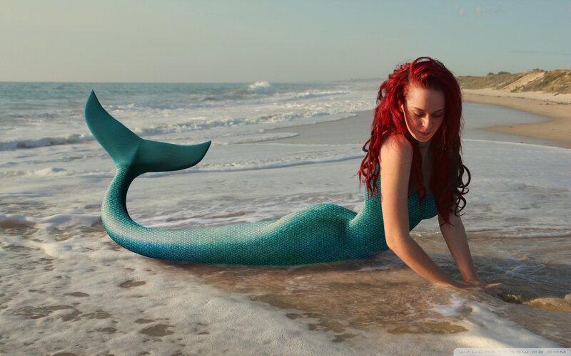 Woman with Mermaid Tail — Blue, Serene, Sunset, Photograph