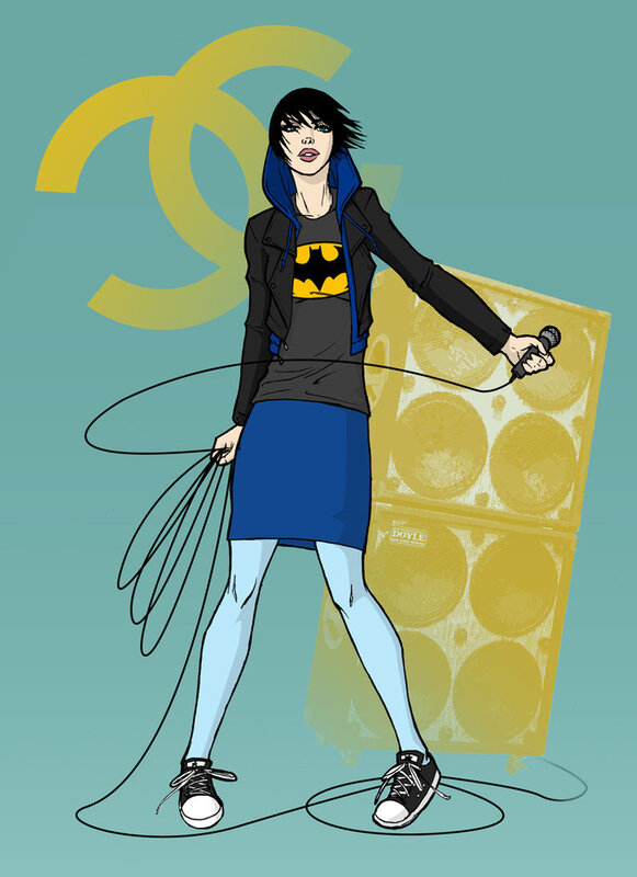 woman with microphone and batman shirt