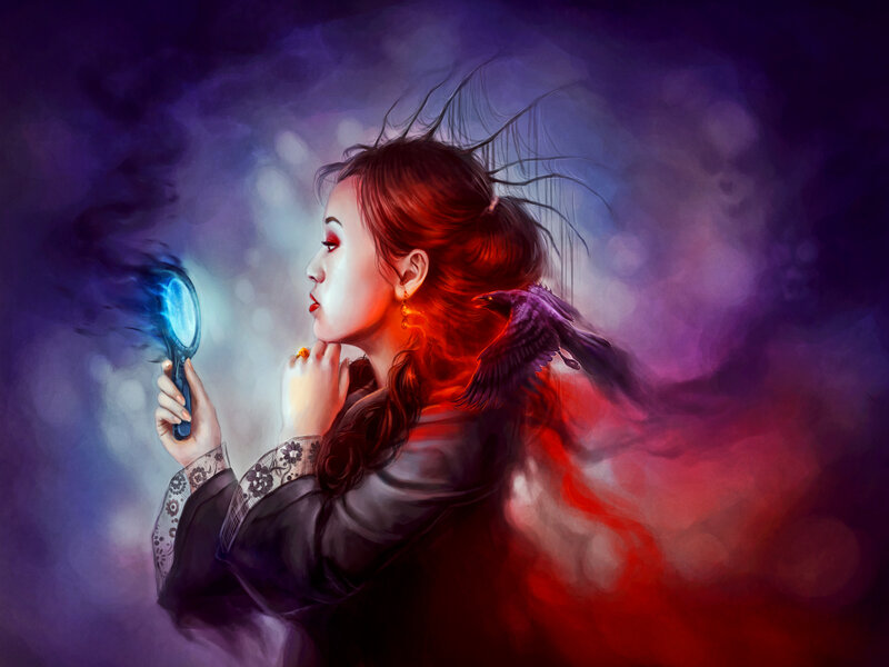 Woman with Mirror and Crow — Purple