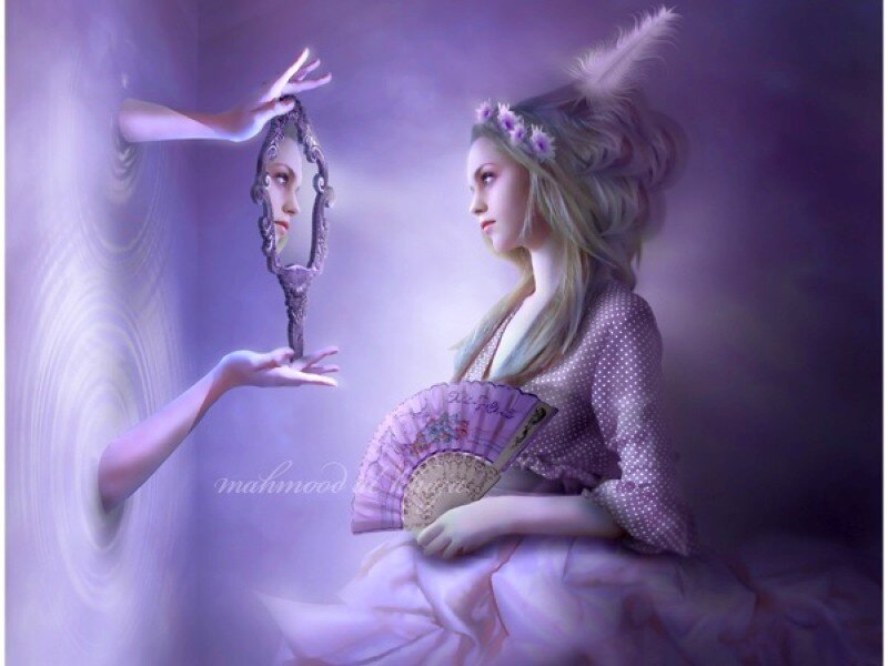 woman with mirror and fan