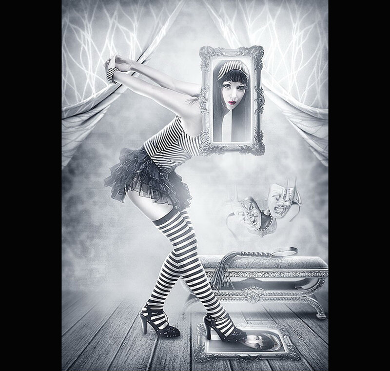 woman with mirror and masks
