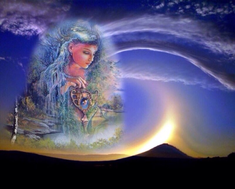 Woman with Mirror — Blue, Dreamy, Sunset