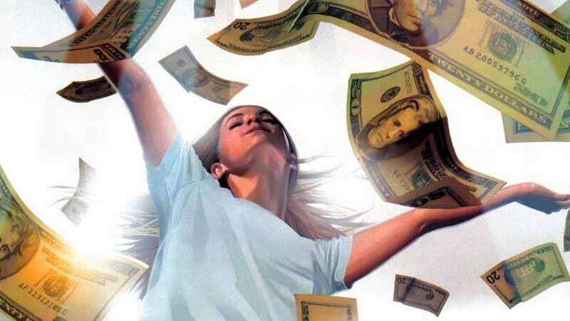 woman with money falling around her