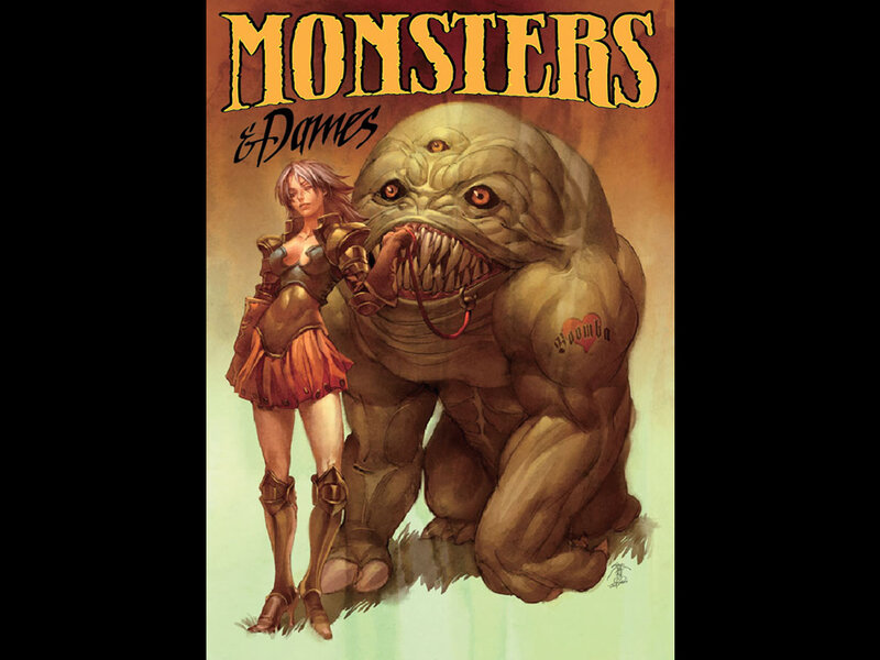 Woman with Monster — Brown, Dramatic, Illustration