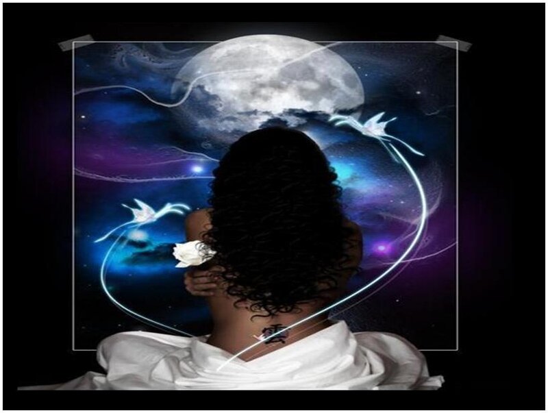 woman with moon and birds