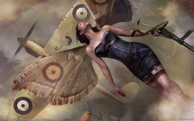 woman with moth wings and gun