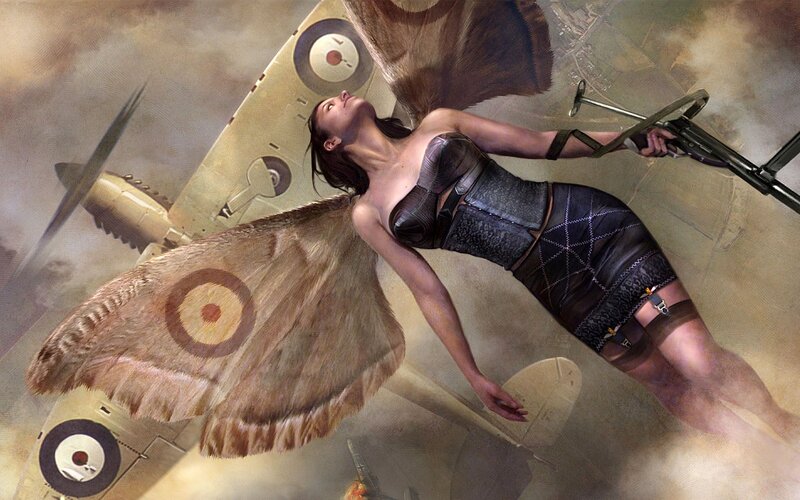 woman with moth wings in war