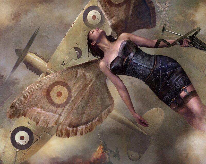 woman with moth wings in war
