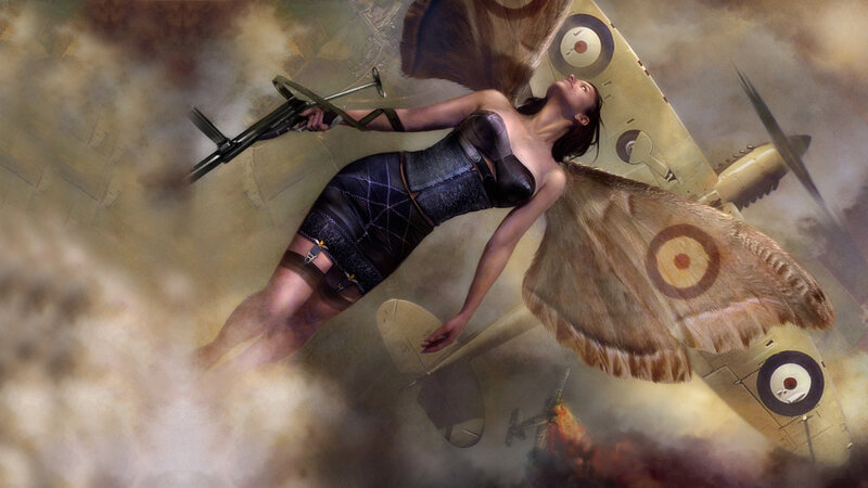 woman with moth wings in war