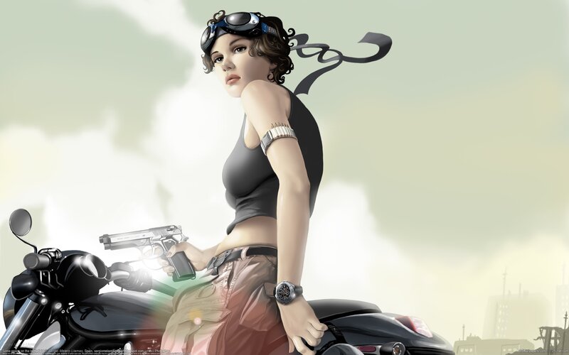 woman with motorcycle and gun