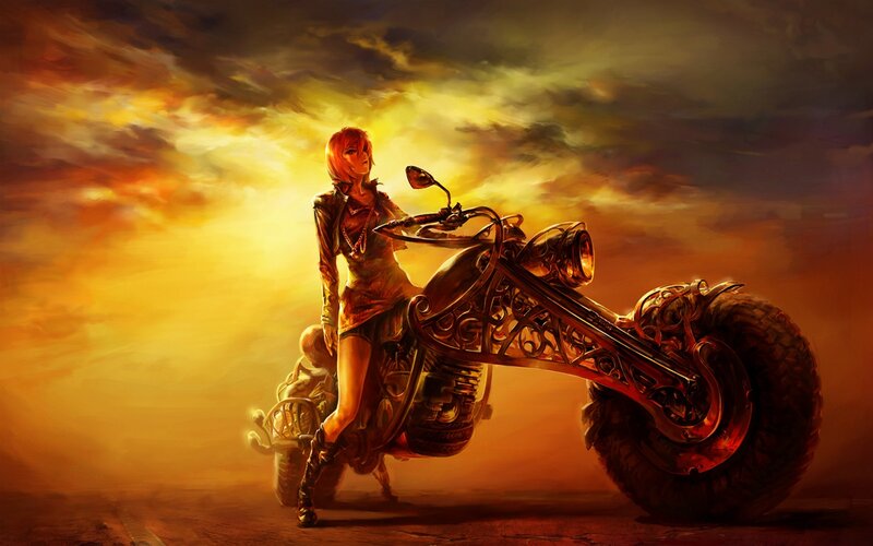 woman with motorcycle at sunset