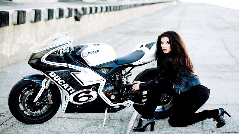 Woman with Motorcycle — Black, Dramatic, Afternoon, Photograph, Leather Jacket, High Heels