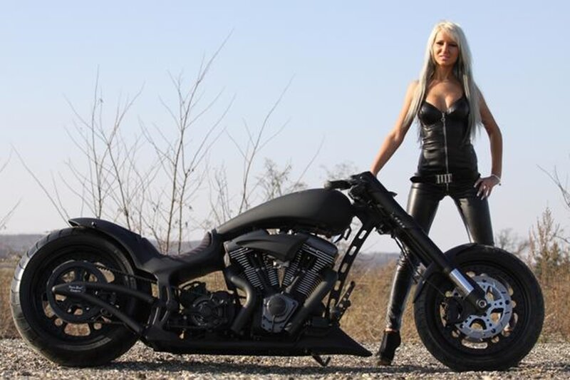 Woman with Motorcycle — Black, Dramatic, Afternoon, Photograph, Trees