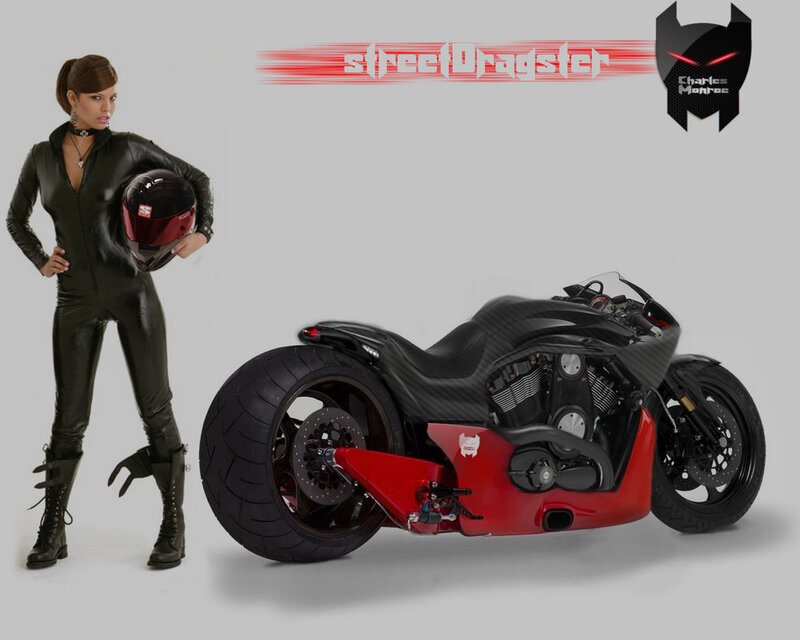 Woman with Motorcycle — Black, Dramatic, Digital Art