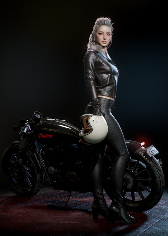 Woman with Motorcycle — Black, Dramatic, Night, 3d Render