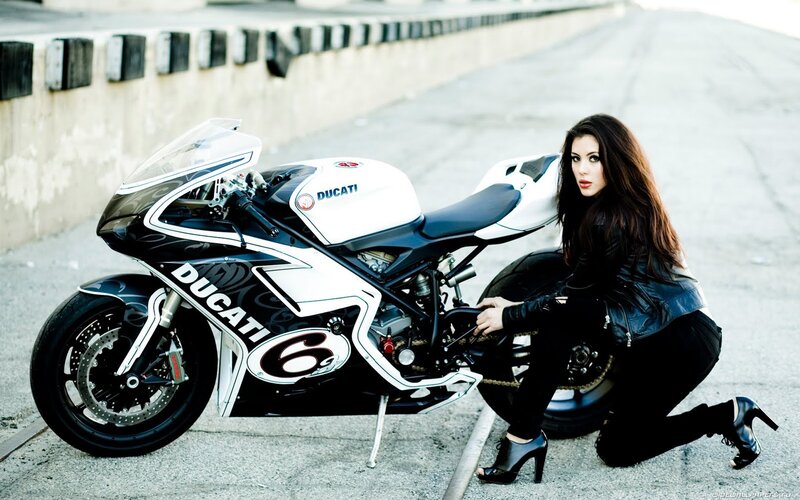 Woman with Motorcycle — Black, Dramatic, Photograph, Leather Jacket