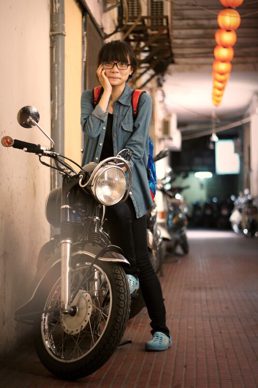 Woman with Motorcycle — Blue, Calm