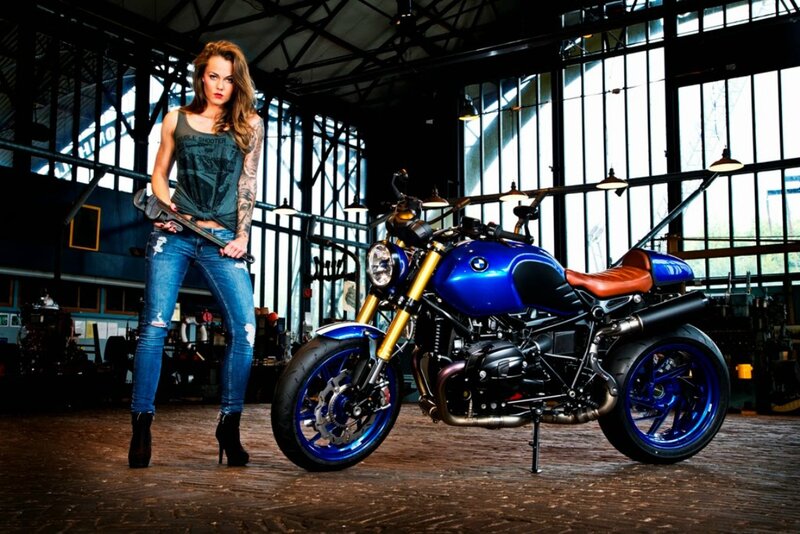Woman with Motorcycle — Blue, Dramatic, Photograph, Wrench
