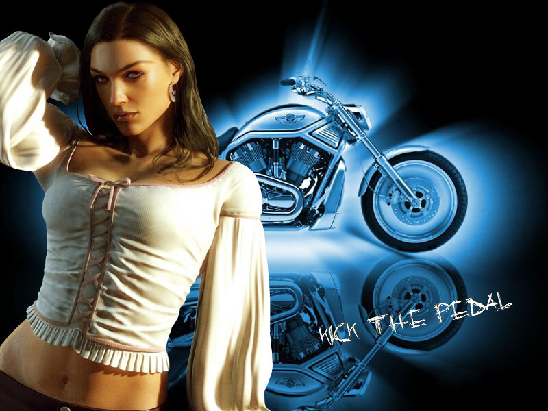 Woman with Motorcycle — Blue, Dramatic