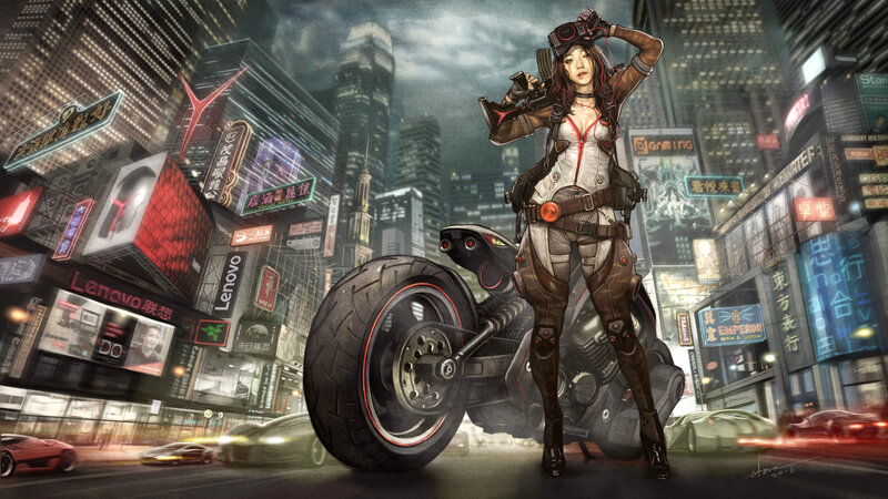 Woman with Motorcycle — Gray, Dramatic, Night