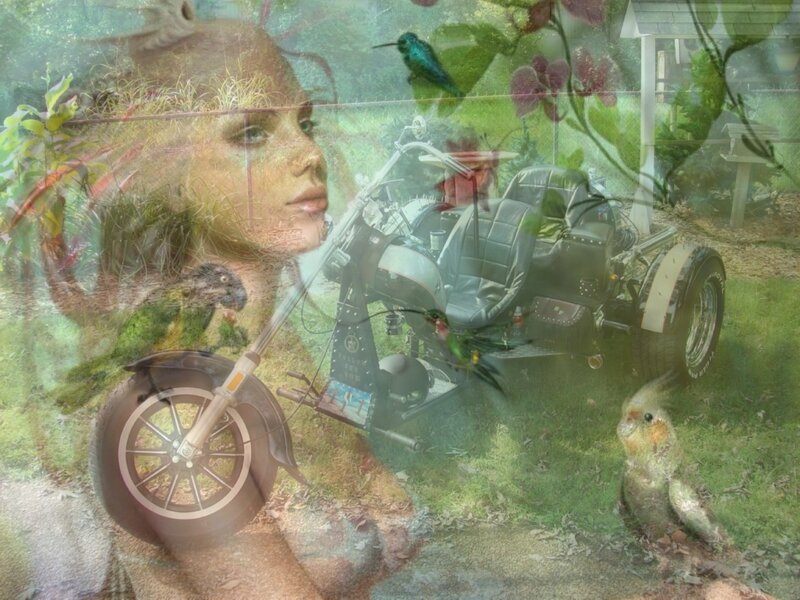 Woman with Motorcycle — Green, Dreamy
