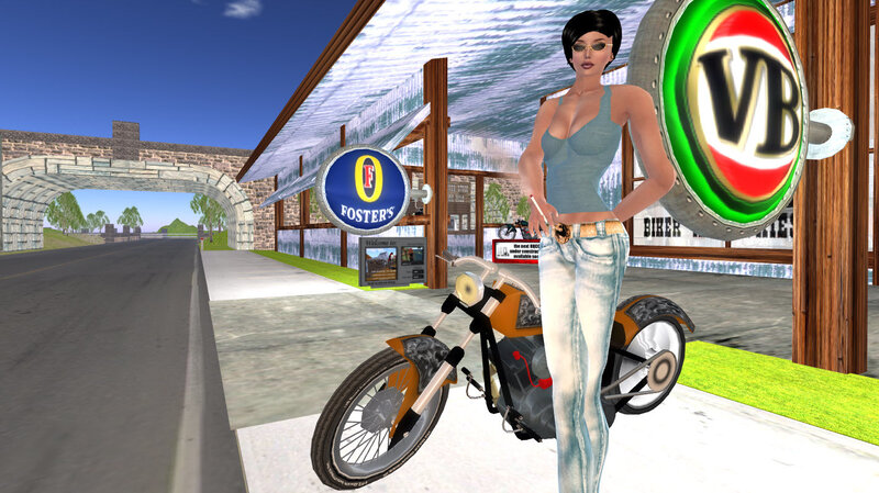 woman with motorcycle in virtual world