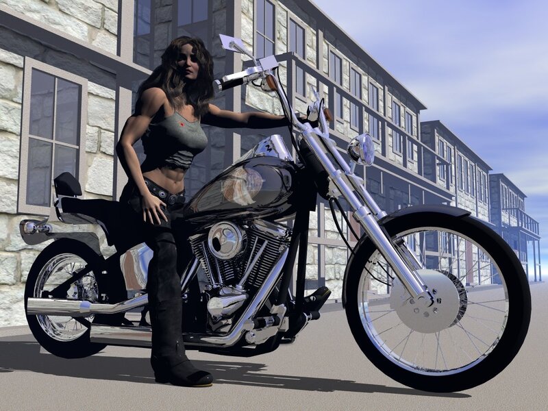 woman with motorcycle on street
