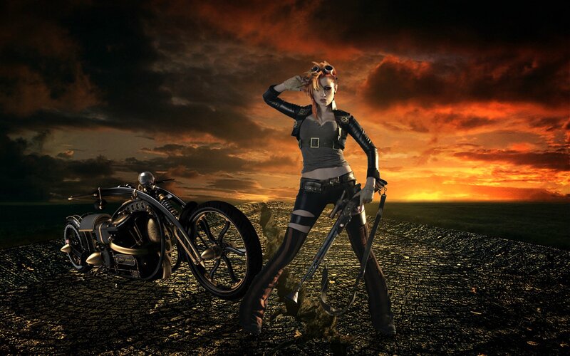 Woman with Motorcycle — Orange, Dramatic, Sunset, Digital Art