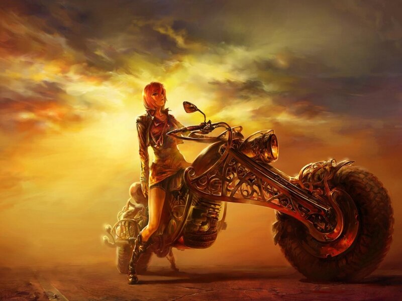 Woman with Motorcycle — Orange, Dramatic, Sunset