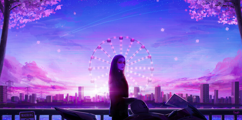 Woman with Motorcycle — Purple, Dreamy