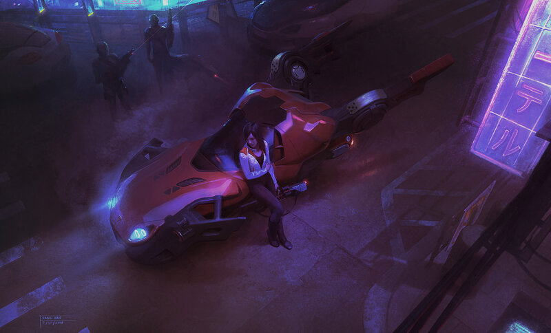 Woman with Motorcycle — Purple