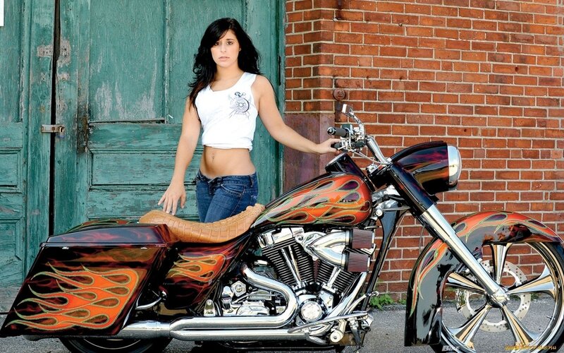Woman with Motorcycle — Red, Confident, Afternoon, Photograph, Brick Wall