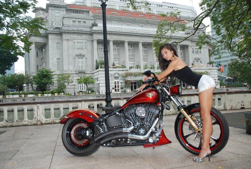 Woman with Motorcycle — Red, Confident, Afternoon