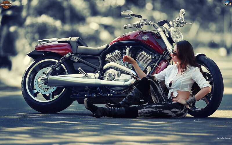 Woman with Motorcycle — Red, Dramatic, Afternoon, Photograph, Sunglasses, Boots