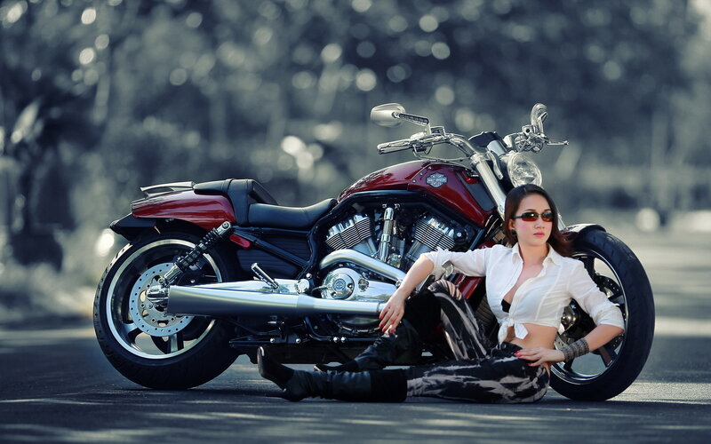 Woman with Motorcycle — Red, Dramatic, Afternoon, Photograph