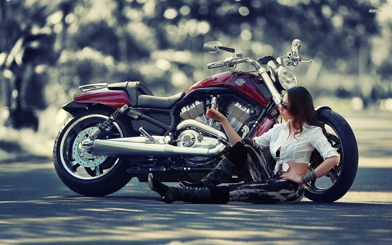 Woman with Motorcycle — Red, Dramatic, Afternoon