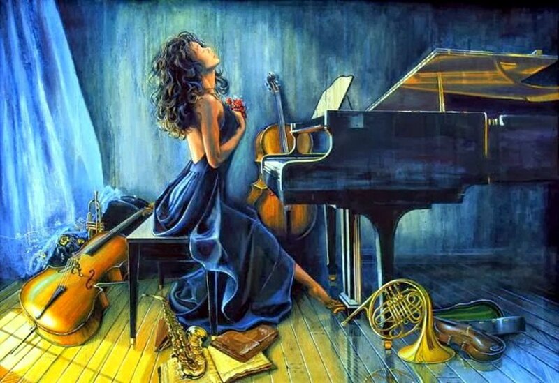 Woman with Musical Instruments — Blue