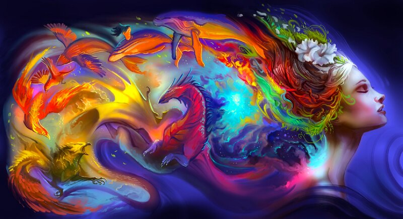 Woman with Mythical Creatures — Blue, Fantastical