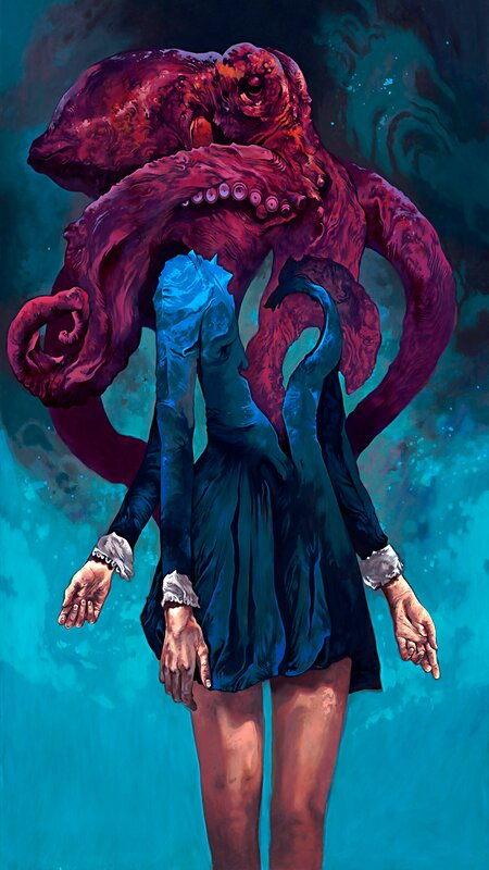 Woman with Octopus Head — Blue, Dramatic, Digital Art