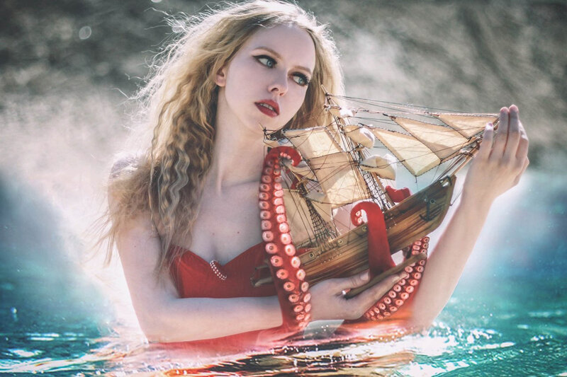 Woman with Octopus Tentacles — Red, Dramatic