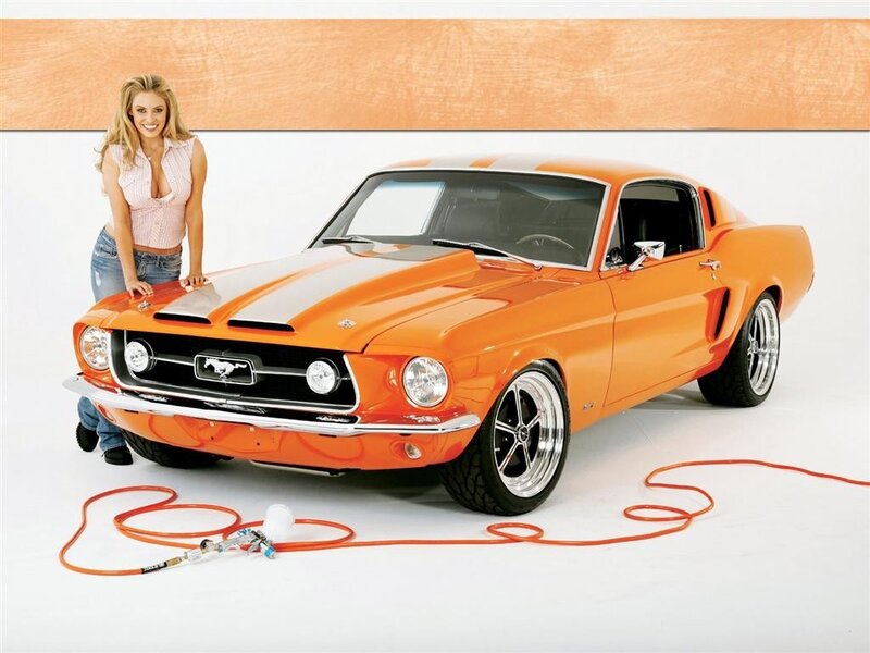 Woman with orange Mustang